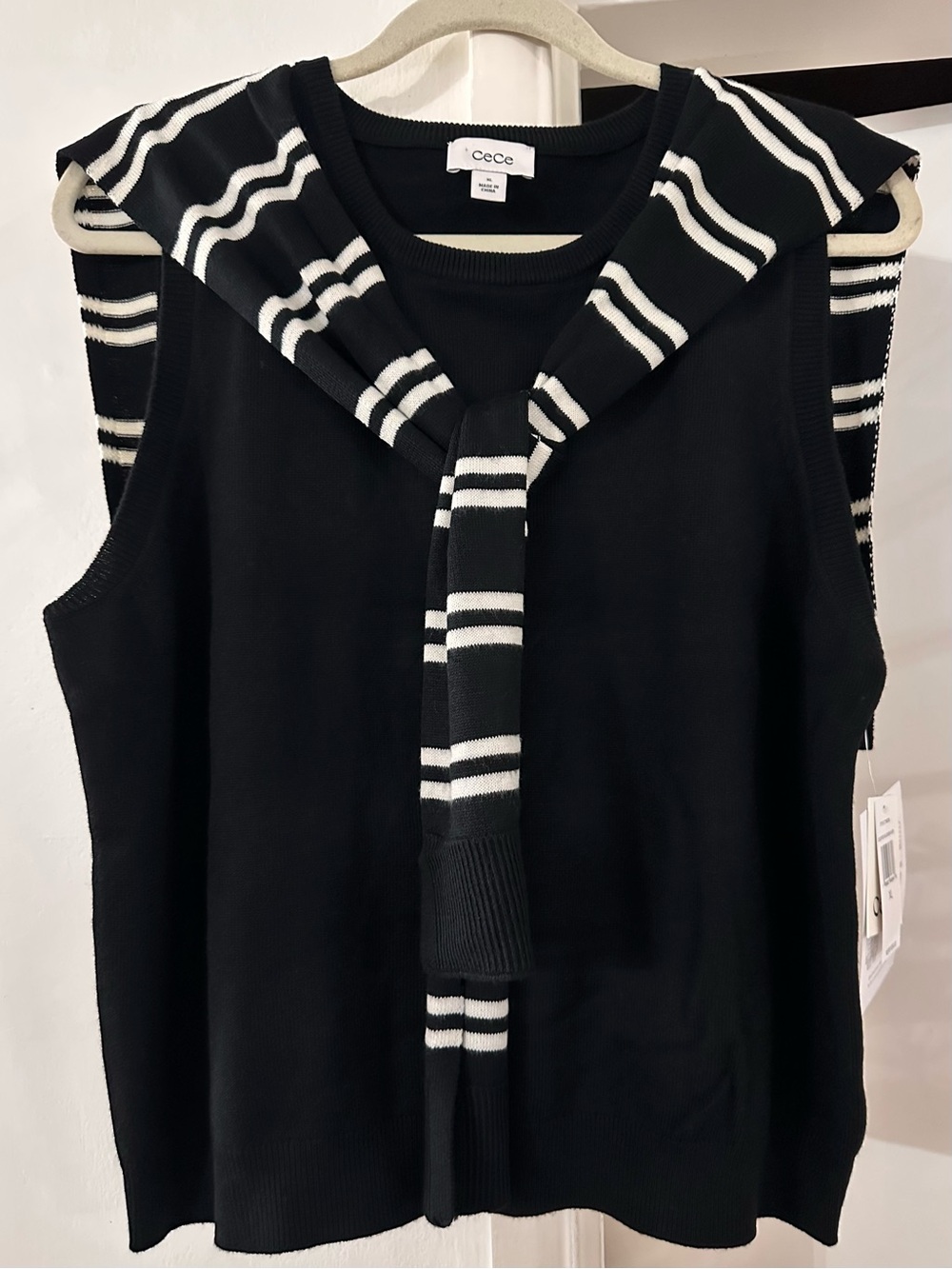 CeCe Black Sleeveless Knit Tank with Striped Sweater Accent